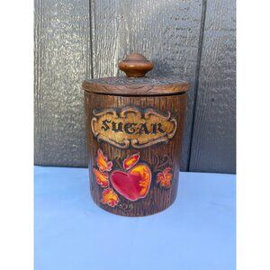 Vintage Treasure Craft Sugar Canister Storage Lid Wood Grain Finish Apple Leaf